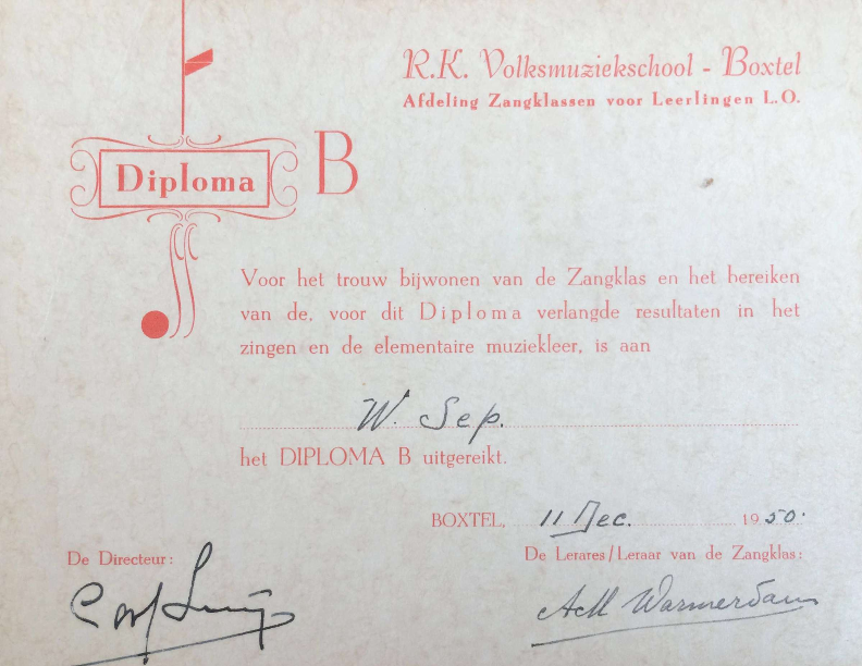 1950 diploma’s Zangklassen Volksmuziekschool