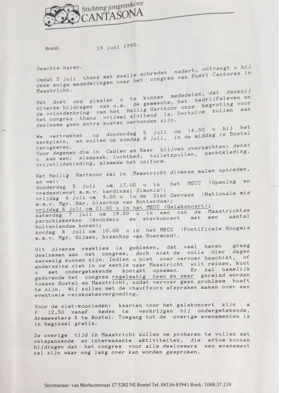 1990 brief voor heren ivm pueri cantores congres