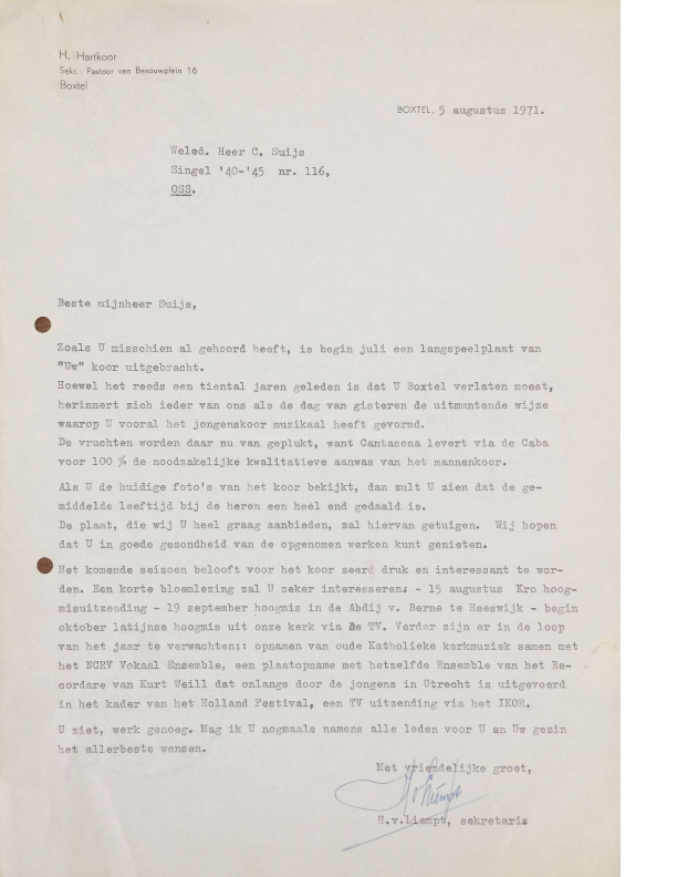 1971 brief Hans van Liempt aan Cor Suijs en reactie Cor Suijs