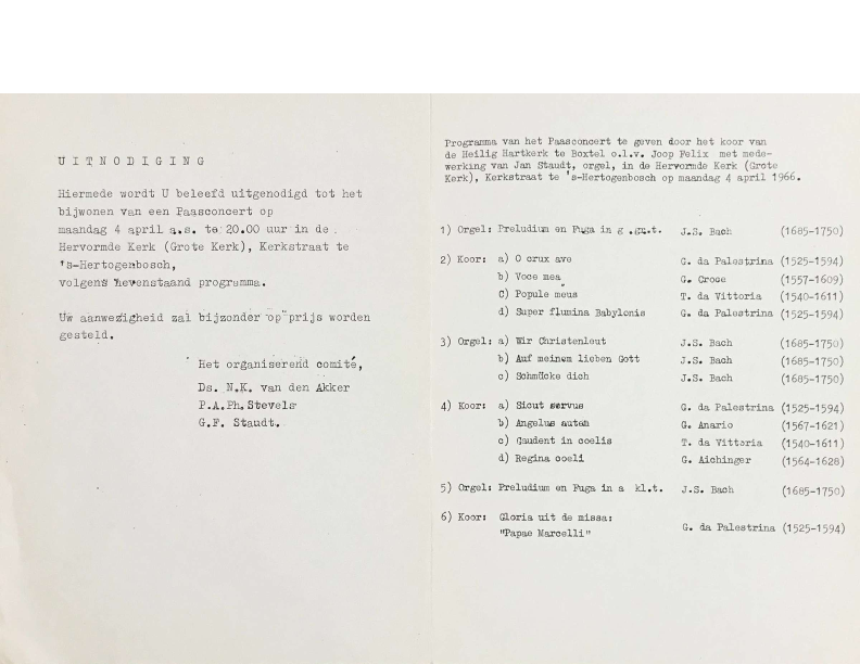 1966 Programma Paasconcert Hervormde Kerk den Bosch 4 april