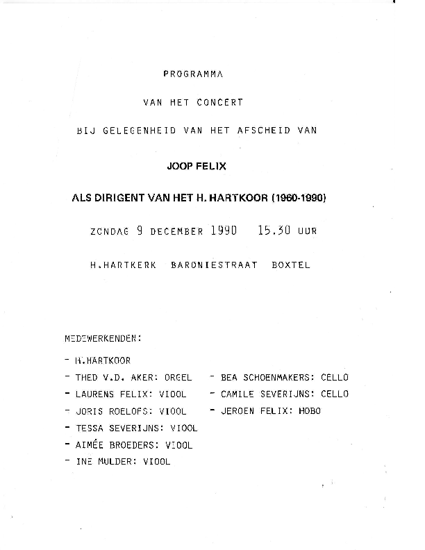 1990 Programma van het concert bgv Afscheid Joop Felix