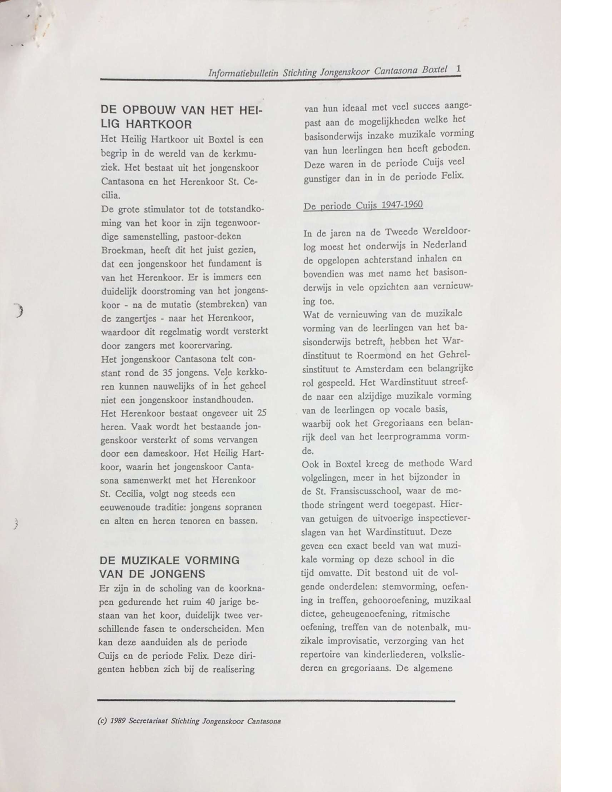 1989 Informatiebulletin Stichting Jongenskoor Cantasona