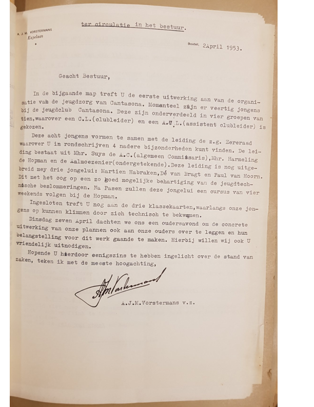 1953 jeugdclub Cantasona – brief kapelaan Vorstermans aan het bestuur