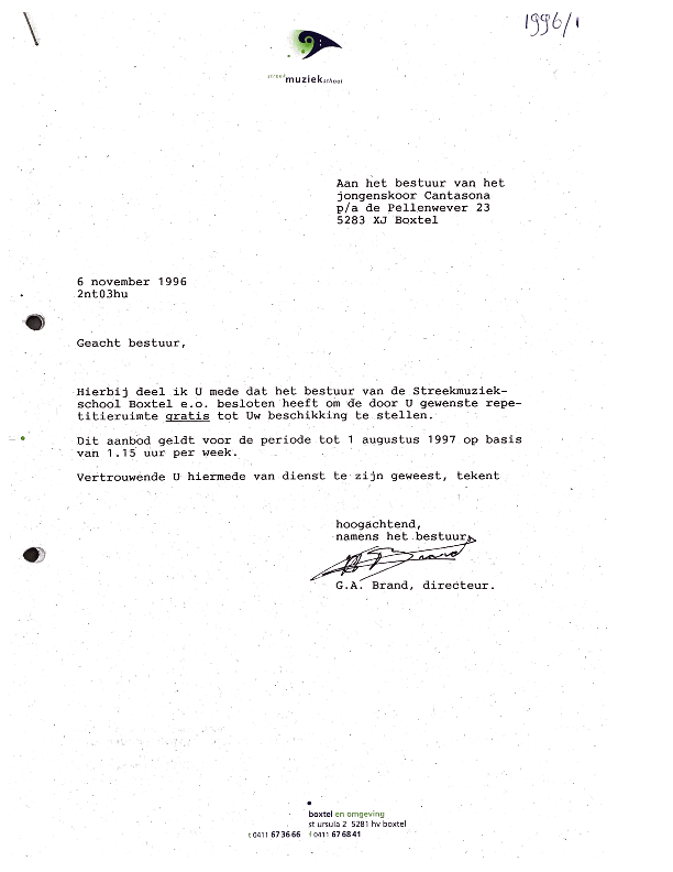 1996 november Brief Muziekschool repetitieruimte gratis