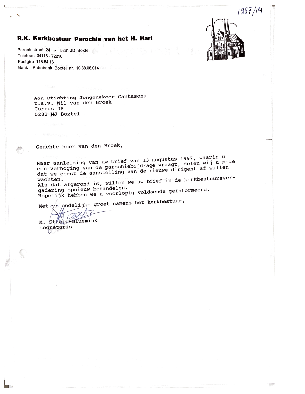 1997 Brief Kerkbestuur mbt parochiebijdrage