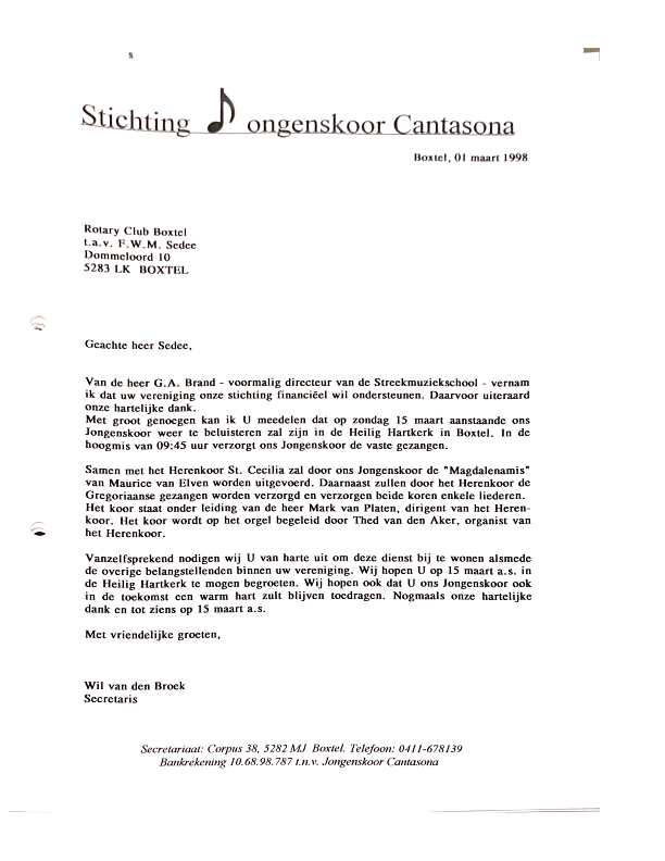 1998 Brief donatie Rotary Club