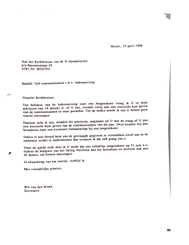 1998 april brief aan kerkbestuur mbt lijst communicanten voor werving