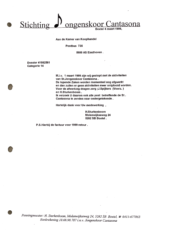 1999 4 maart Brief Jongenskoor naar KvK ivm stoppen Cantasona per 1 maart 1999