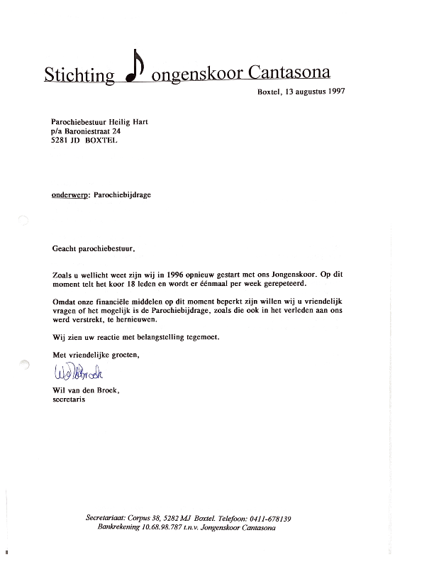 1997 augustus brief aan Parochiebestuur voor bijdrage