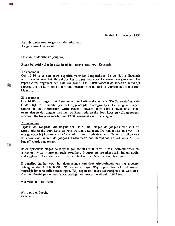 1997 december Brief ouders met programma