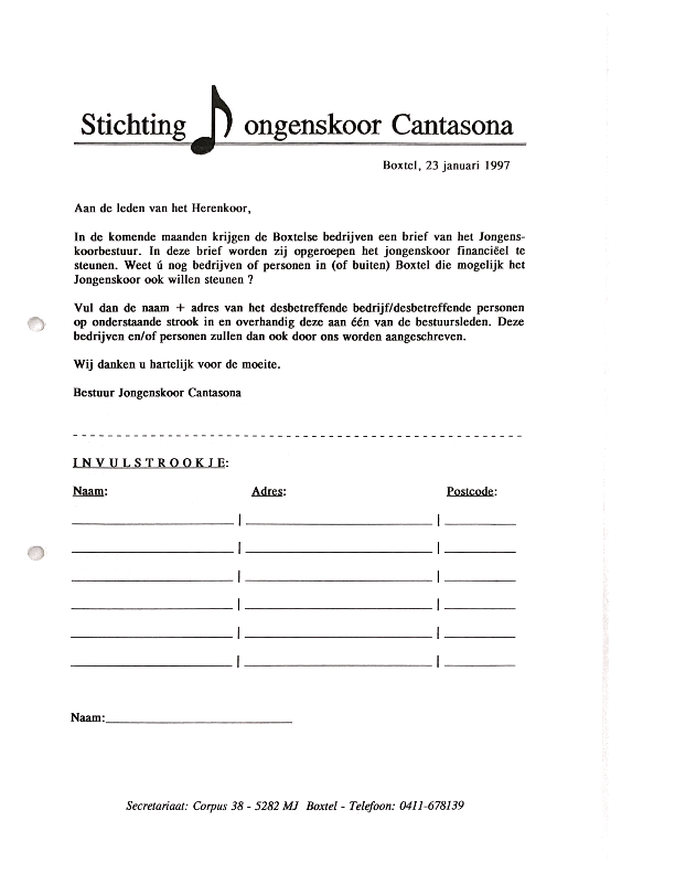 1997 januari brief Herenkoor mbt zoeken donateurs