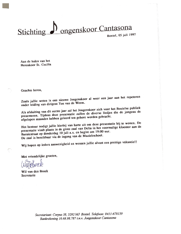 1997 brief Herenkoor uitnodiging optreden jongenskoor