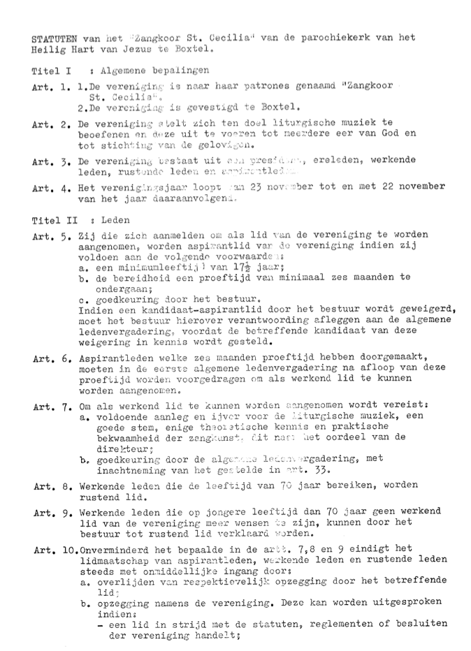 1920-1944-1955-1964-1980 Statuten van het zangkoor St. Cecilia van de parochiekerk van het H.Hart van Jezus te Boxtel