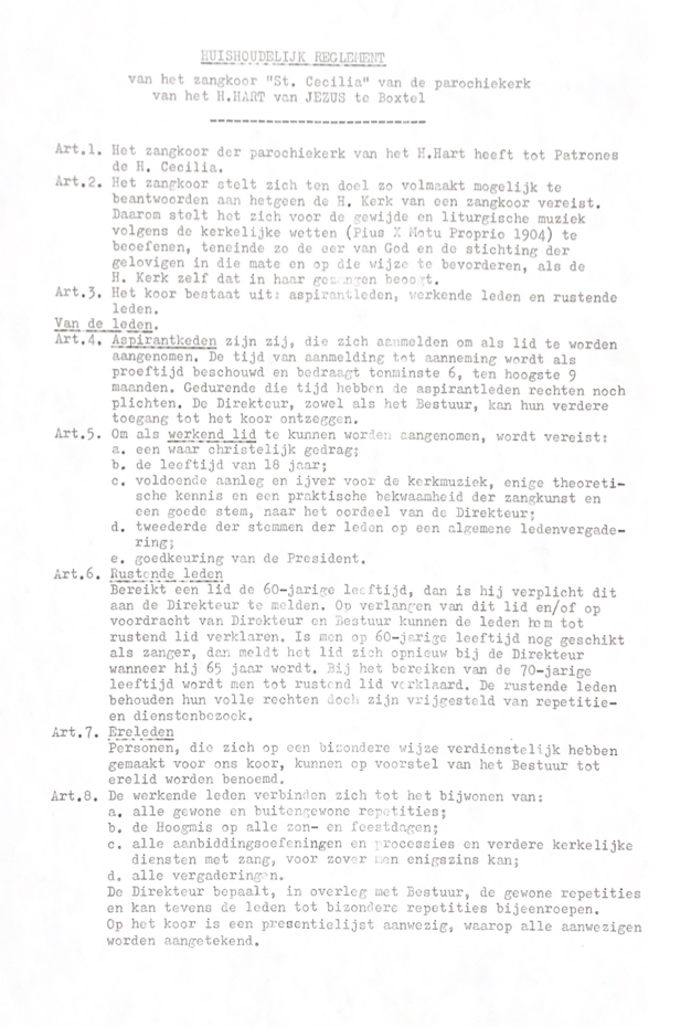 1920-1944-1955-1964 Huishoudelijk reglement van het zangkoor St. Cecilia van de parochiekerk van het H.Hart van Jezus te Boxtel