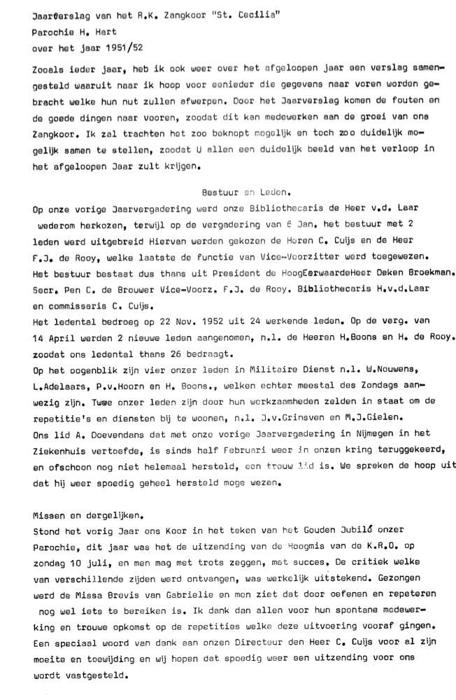 1952 Jaarverslag R.K. Zangkoor St. Cecilia 1951-1952