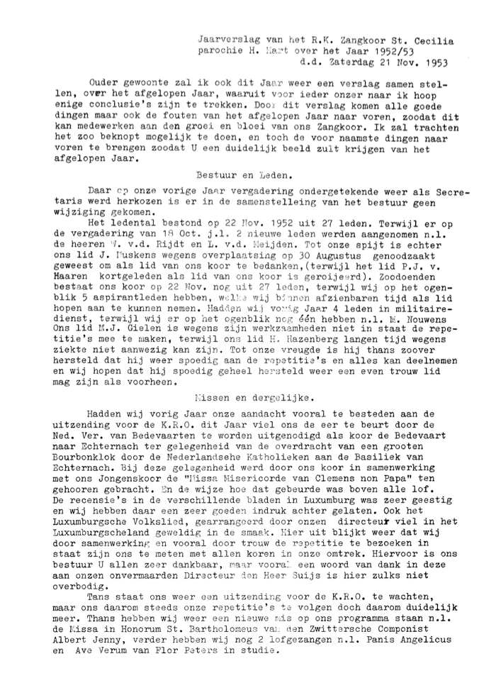 1953 Jaarverslag R.K. Zangkoor St. Cecilia 1952-1953