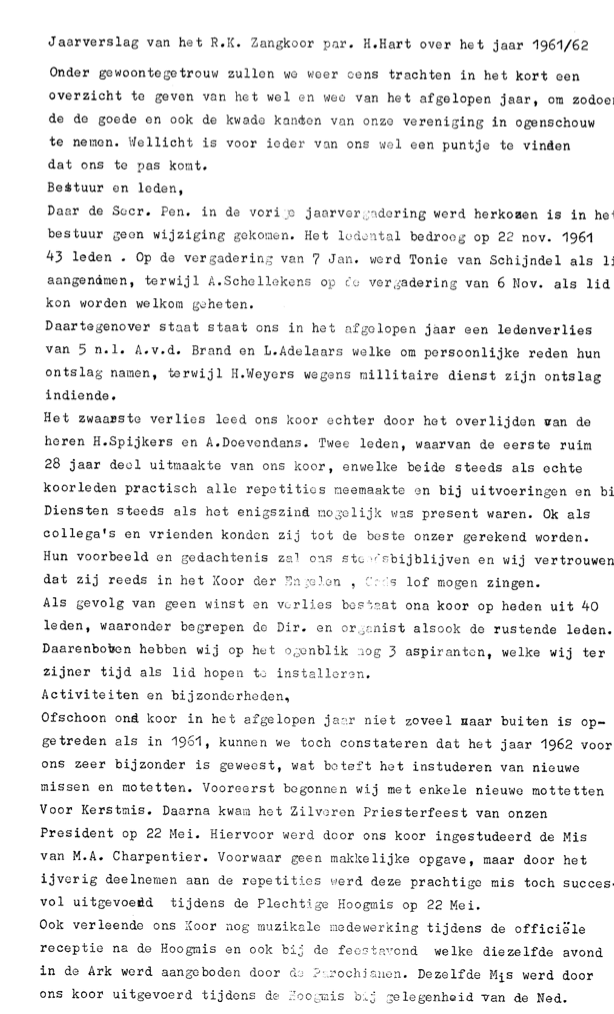 1962 Jaarverslag R.K. Zangkoor St. Cecilia 1961-1962